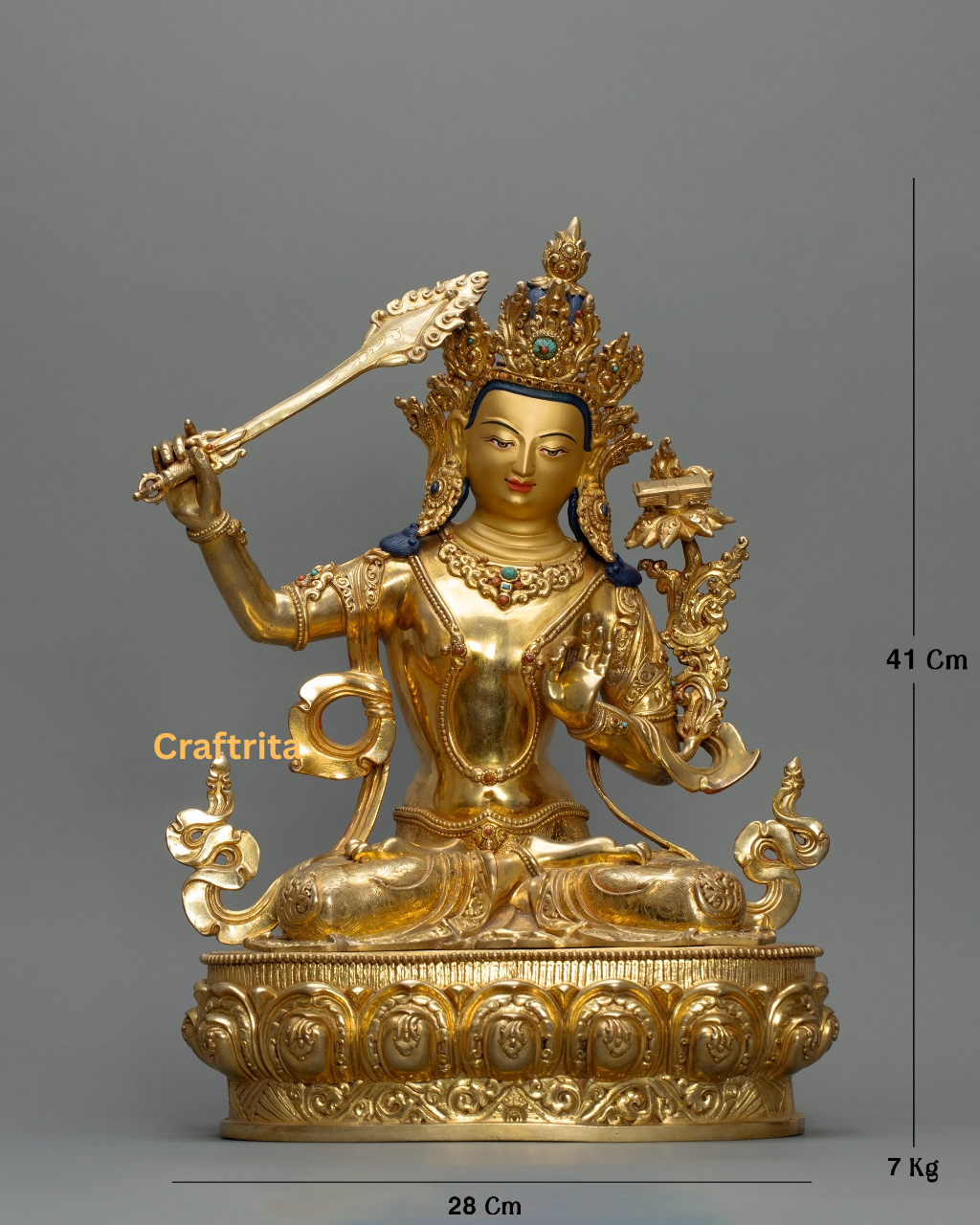 Manjushri Statue 7kg – Handcrafted in Nepal | Copper Body with 24K Gold Plating | Fire-Coated Premium Buddhist Deity Art