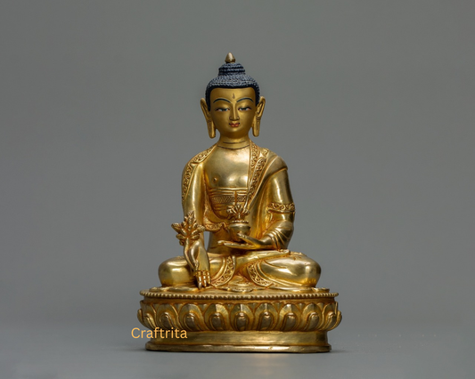 Medicine Buddha Statue 1.3 kg – Copper Body with 24K Gold Plated Fire Gilding | Handmade Tibetan Buddhist Deity of Healing for Spiritual Home Decor