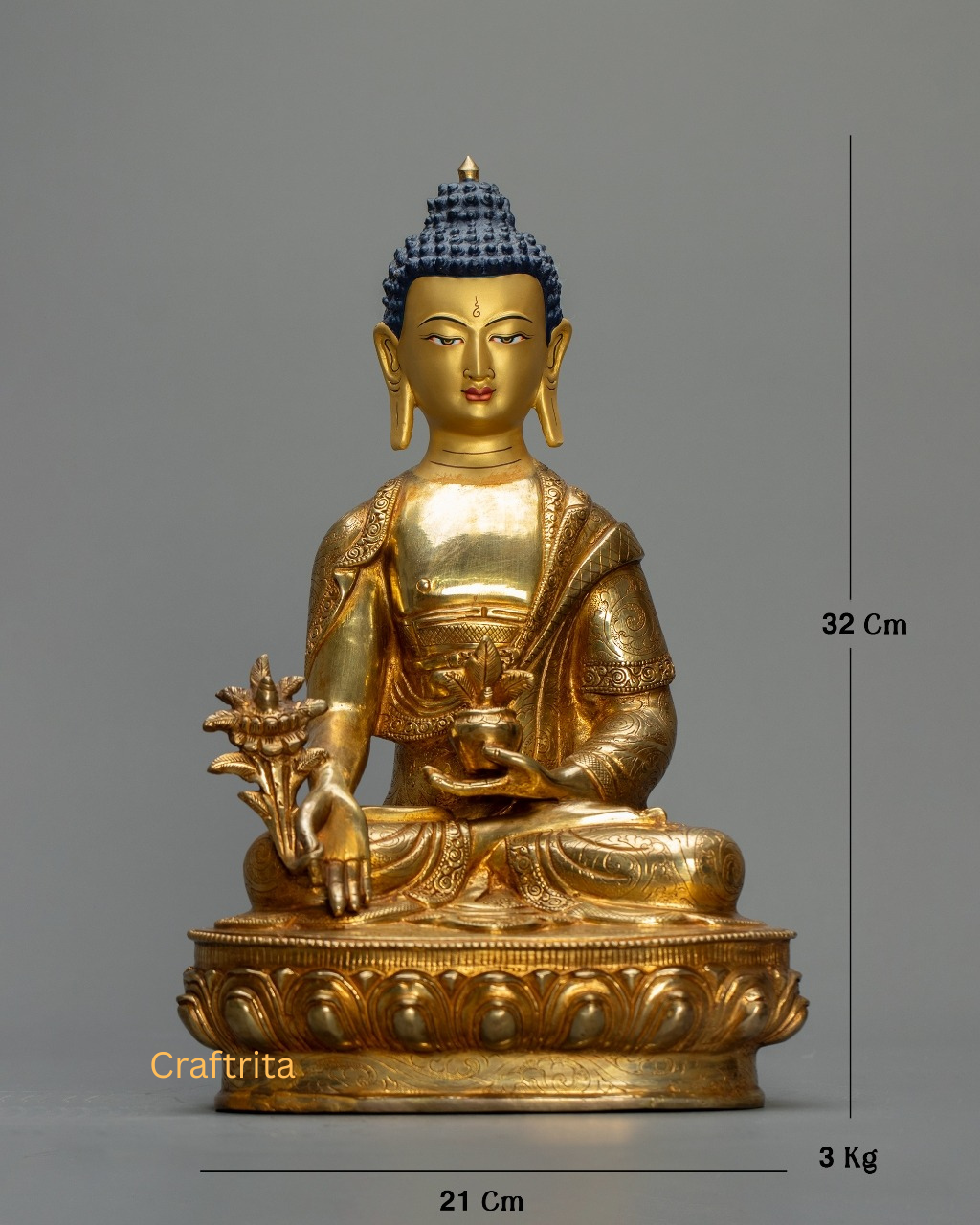 Medicine Buddha Statue 3 kg – Copper Body with 24K Gold Plating by Fire Gilding | Handmade Tibetan Buddhist Deity of Healing & Spiritual Protection