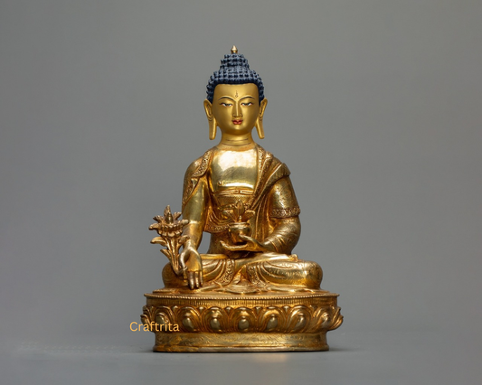 Medicine Buddha Statue 3 kg – Copper Body with 24K Gold Plating by Fire Gilding | Handmade Tibetan Buddhist Deity of Healing & Spiritual Protection