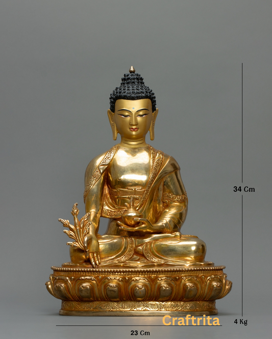 Medicine Buddha Statue 4kg – Handmade in Nepal | Tibetan Buddhist Art | 24K Gold Plated Copper with Fire Gilding | Spiritual Home & Altar Decor