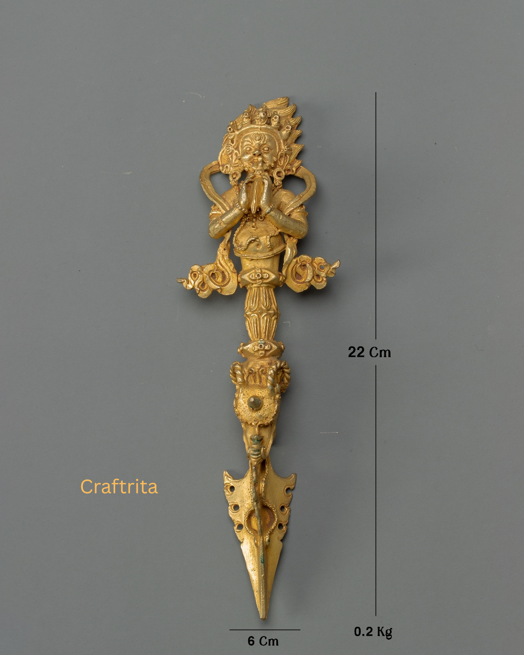 Phurba Ritual Dagger 0.2kg – Handmade in Nepal | Copper Body with 24K Gold Plating & Fire Gilding | Tibetan Buddhist Spiritual Tool & Sacred Art
