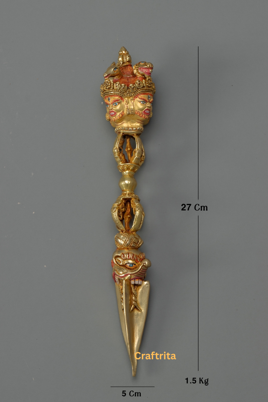 Phurba Ritual Dagger 1.5kg – Handmade in Nepal | Copper Body with 24K Gold Plating by Fire Gilding | Tibetan Buddhist Spiritual Tool & Sacred Art