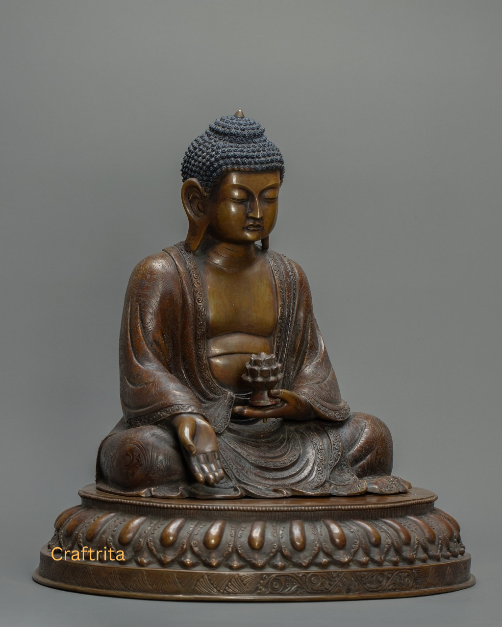 Sakyamuni Buddha Statue 10 kg – Oxidized Copper Body | Handmade Tibetan Buddhist Deity for Spiritual Home Decor