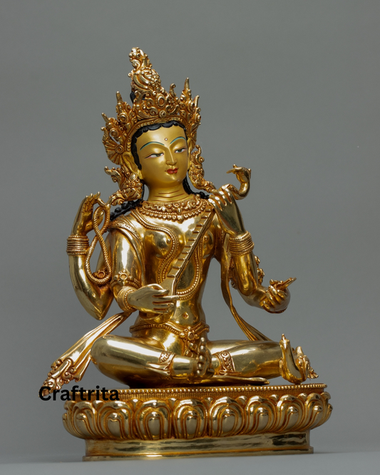 Saraswati Statue – Goddess of Knowledge – Handmade in Nepal – 5kg Copper Body with 24K Gold Plating & Fire Gilding – Hindu God Spiritual Home Decor