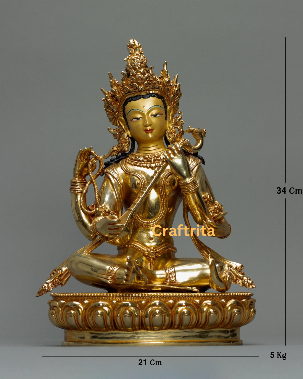 Saraswati Statue – Goddess of Knowledge – Handmade in Nepal – 5kg Copper Body with 24K Gold Plating & Fire Gilding – Hindu God Spiritual Home Decor
