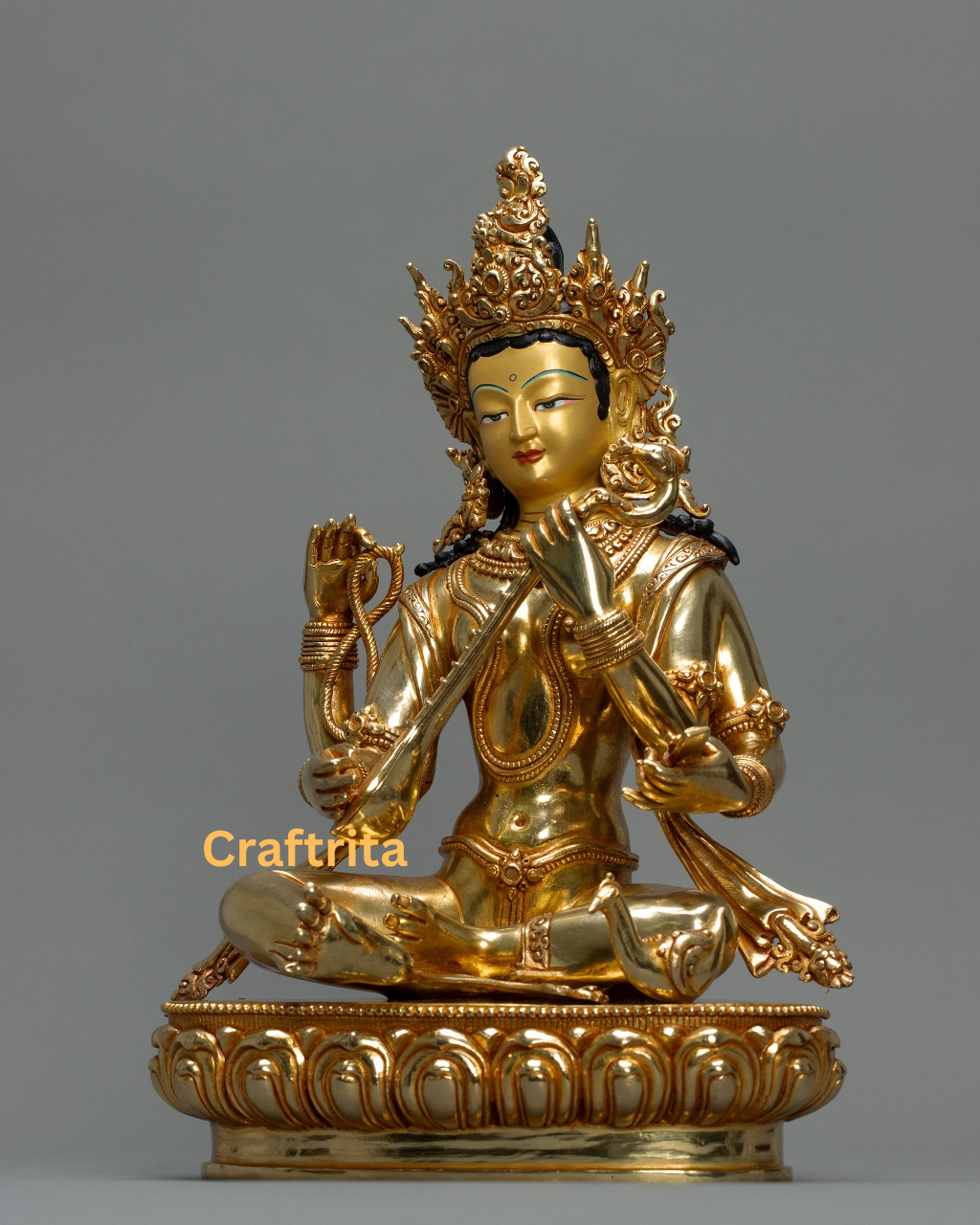 Saraswati Statue – Goddess of Knowledge – Handmade in Nepal – 5kg Copper Body with 24K Gold Plating & Fire Gilding – Hindu God Spiritual Home Decor