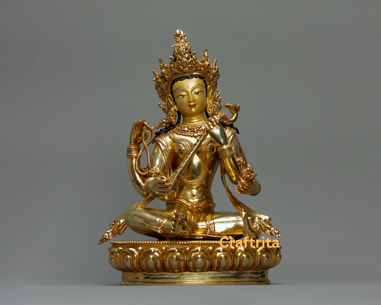Saraswati Statue – Goddess of Knowledge – Handmade in Nepal – 5kg Copper Body with 24K Gold Plating & Fire Gilding – Hindu God Spiritual Home Decor