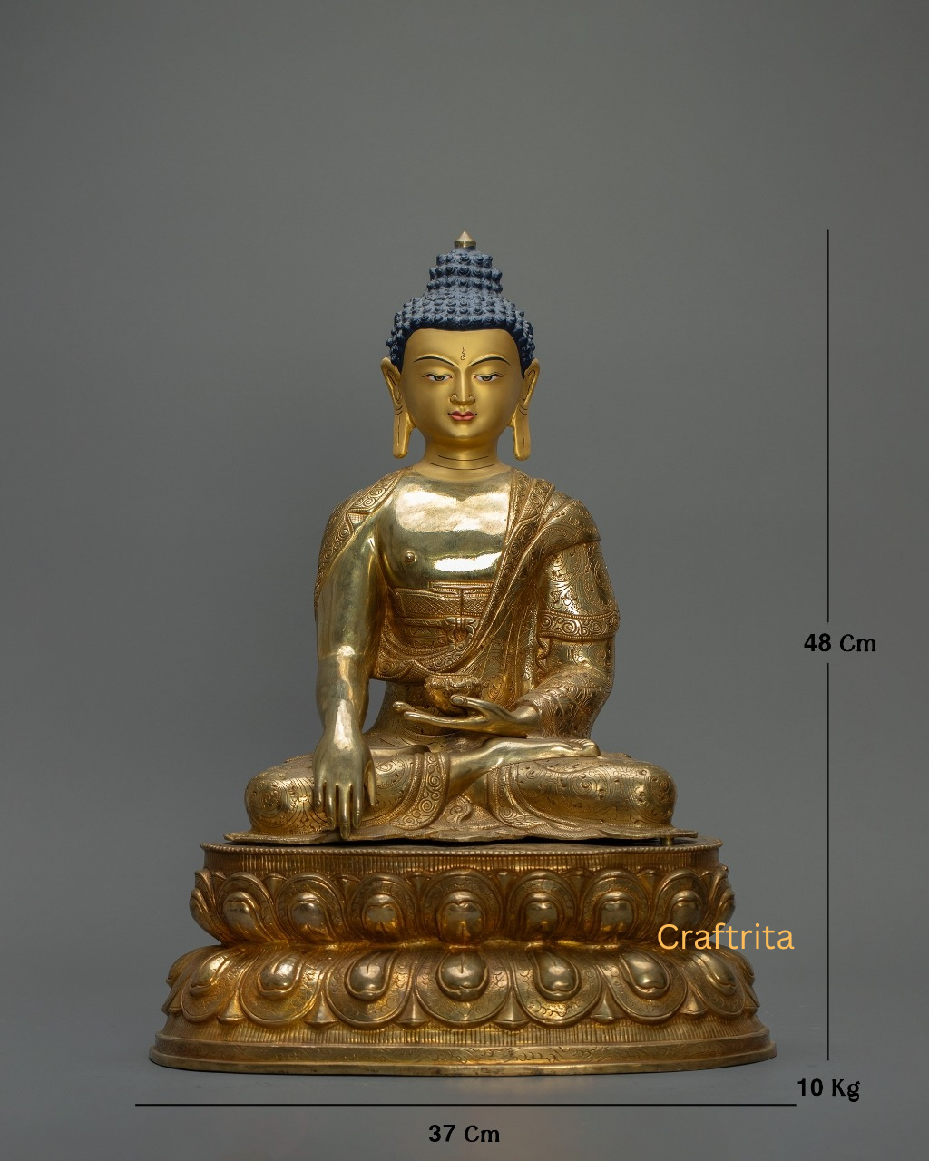 Shakyamuni Buddha Statue 10 kg – Copper Body with 24K Gold Plating by Fire Gilding | Handmade Tibetan Buddhist Deity for Spiritual Home Decor