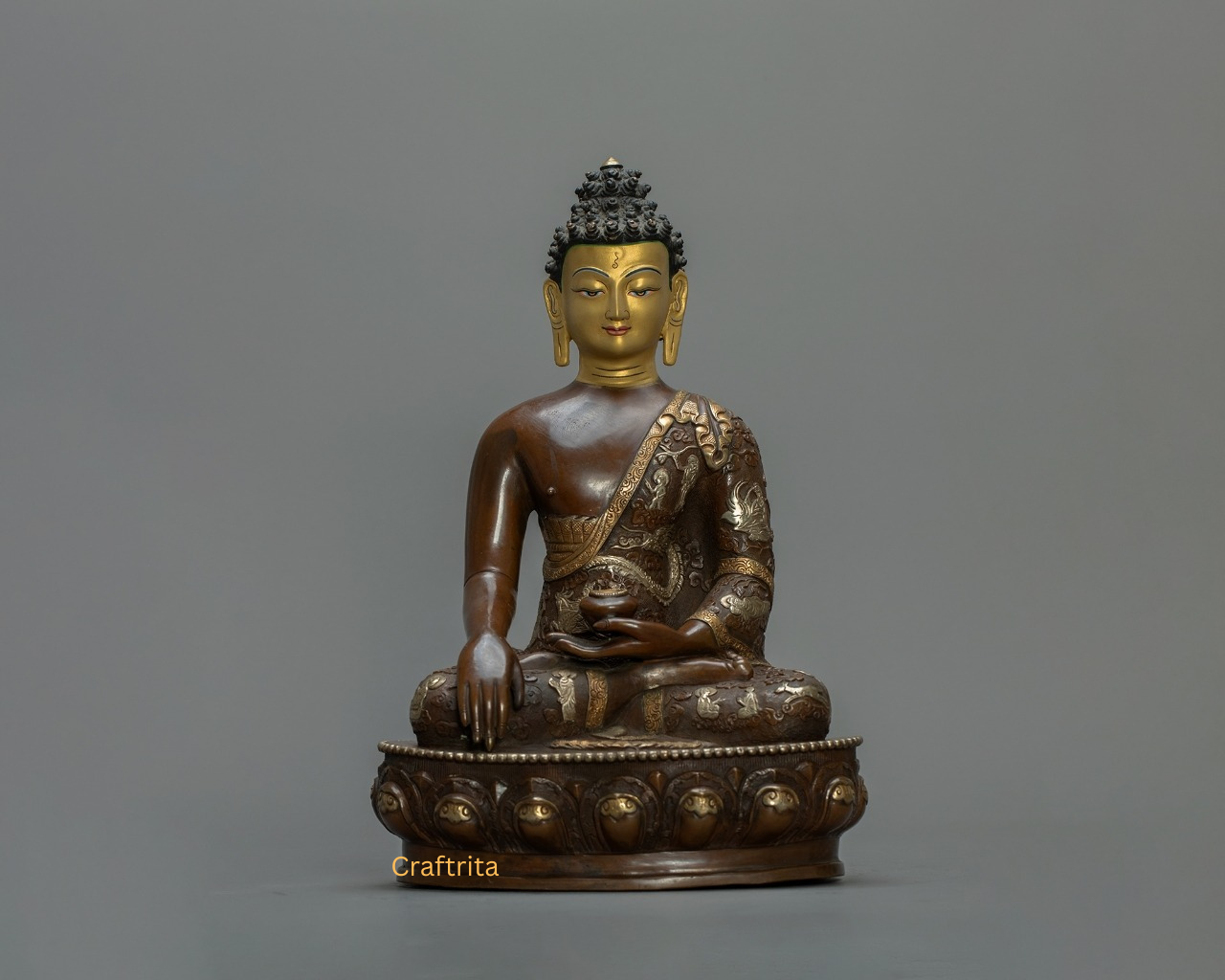 Handmade Shakyamuni Buddha Sculpture | Oxidized Copper Body with 24K Gold Finish | Tibetan Buddhist Art Decor