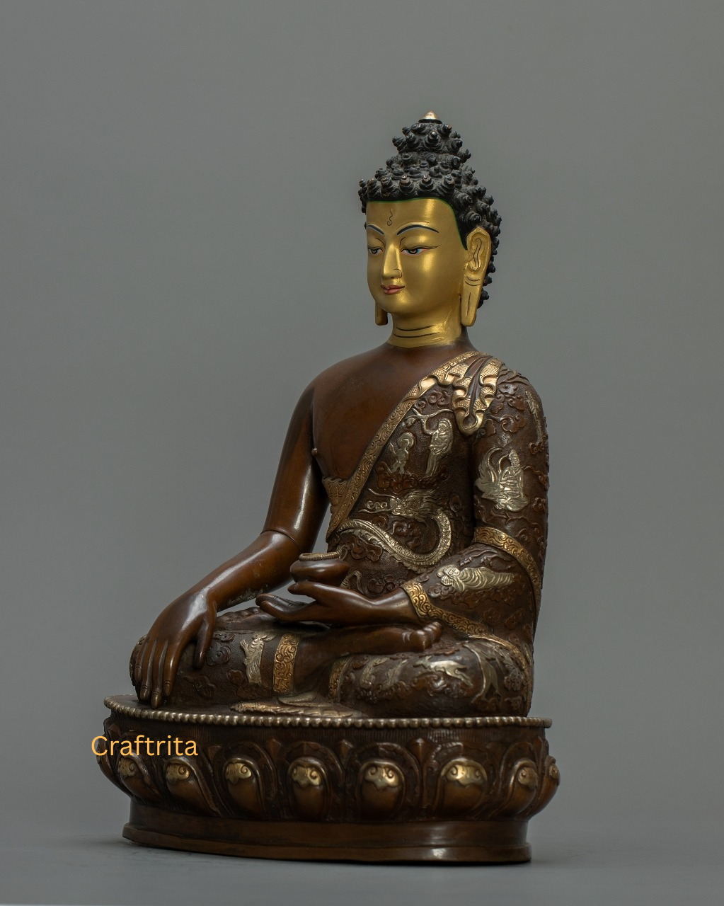 Handmade Shakyamuni Buddha Sculpture | Oxidized Copper Body with 24K Gold Finish | Tibetan Buddhist Art Decor