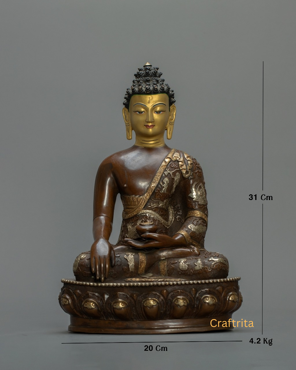 Handmade Shakyamuni Buddha Sculpture | Oxidized Copper Body with 24K Gold Finish | Tibetan Buddhist Art Decor