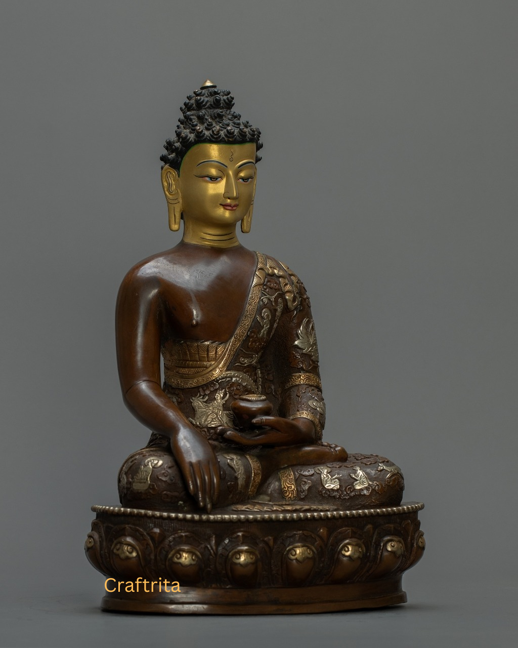 Handmade Shakyamuni Buddha Sculpture | Oxidized Copper Body with 24K Gold Finish | Tibetan Buddhist Art Decor