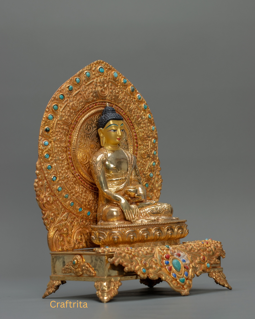 Shakyamuni Buddha on Throne Statue 2.6kg – Handmade in Nepal | Copper Body with 24K Gold Plating & Fire Gilding | Tibetan Buddhist Art & Spiritual Home Decor