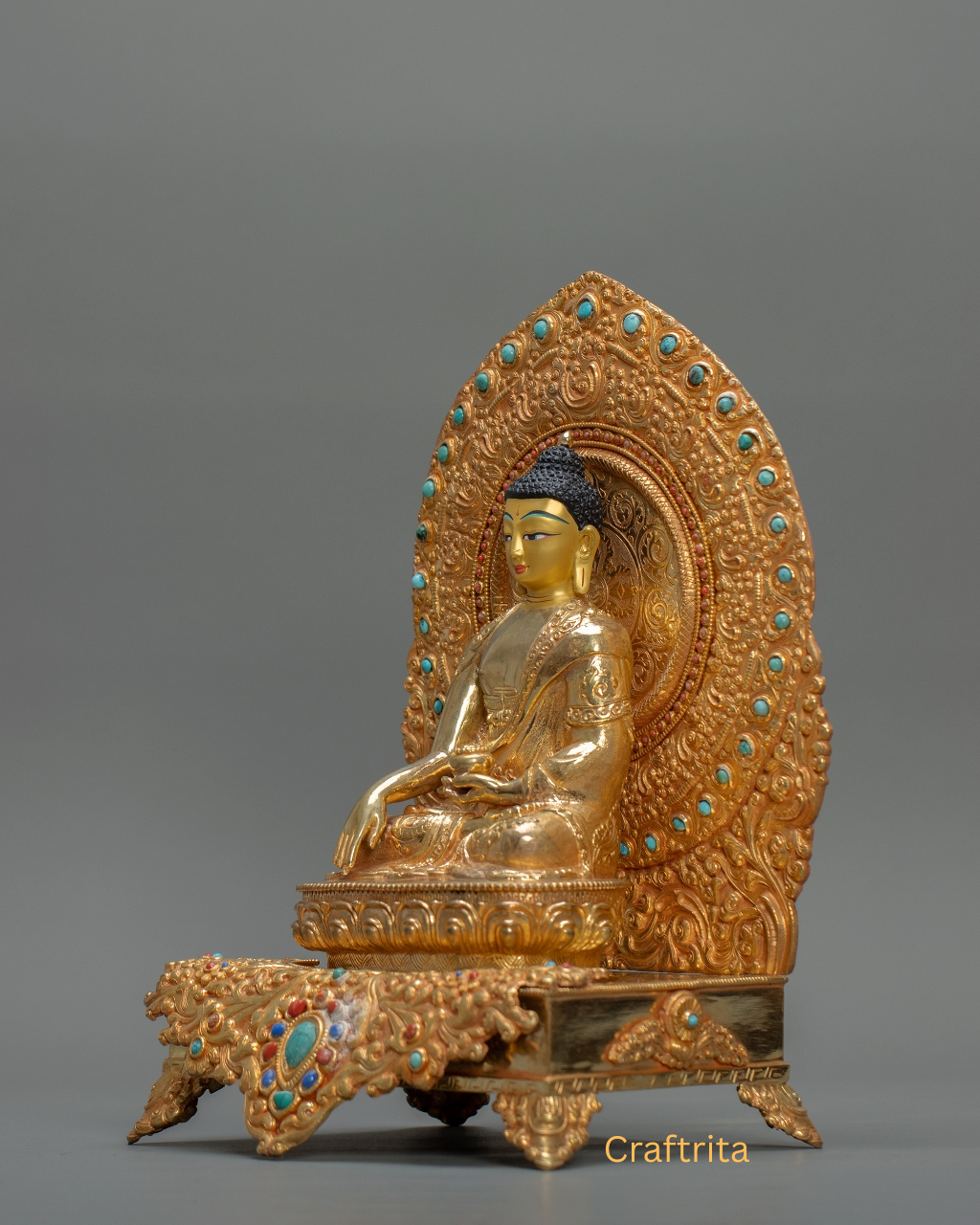 Shakyamuni Buddha on Throne Statue 2.6kg – Handmade in Nepal | Copper Body with 24K Gold Plating & Fire Gilding | Tibetan Buddhist Art & Spiritual Home Decor
