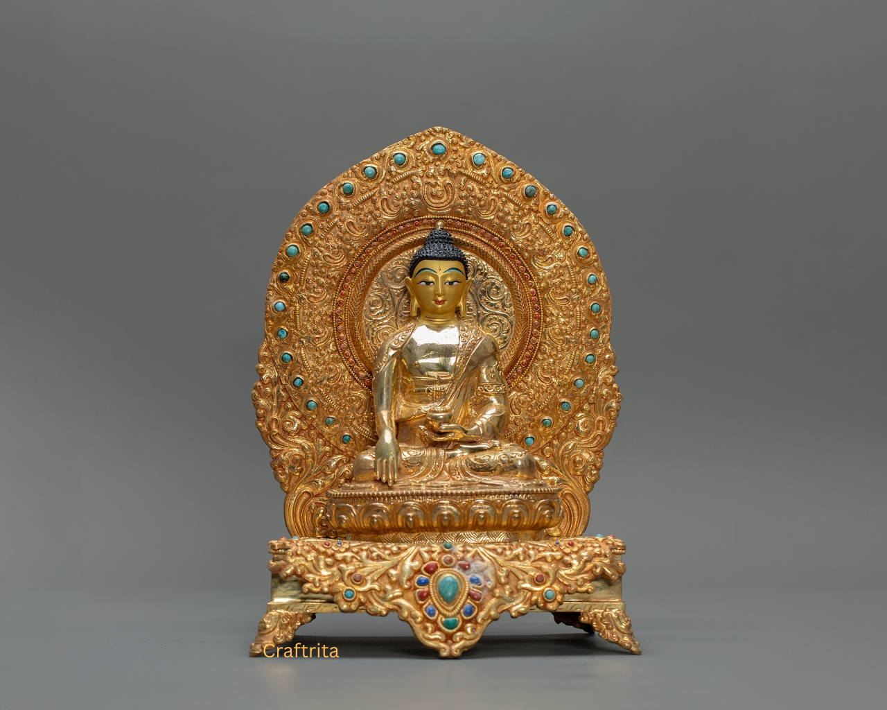Shakyamuni Buddha on Throne Statue 2.6kg – Handmade in Nepal | Copper Body with 24K Gold Plating & Fire Gilding | Tibetan Buddhist Art & Spiritual Home Decor