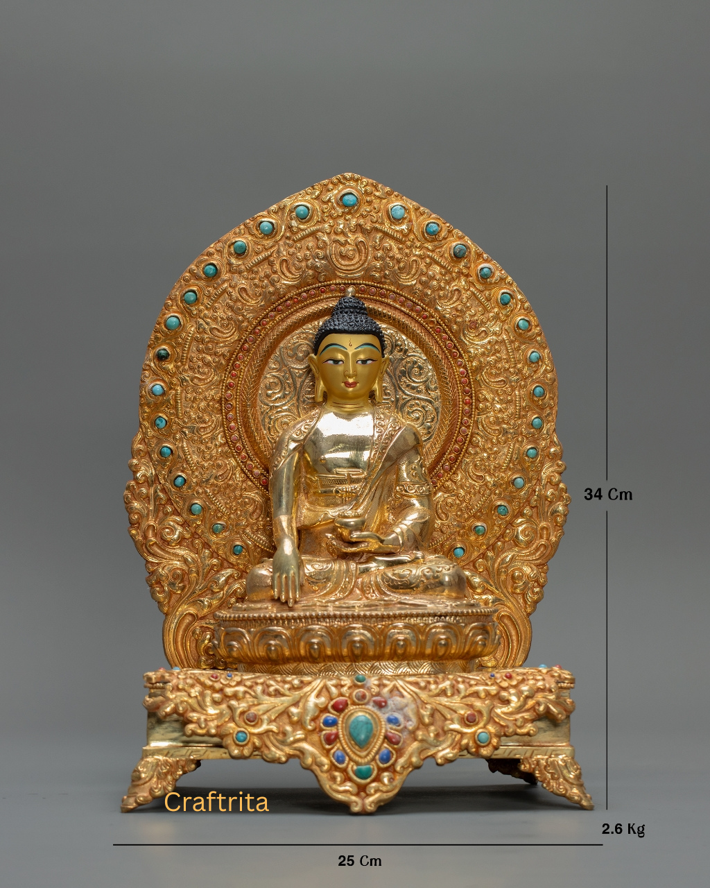 Shakyamuni Buddha on Throne Statue 2.6kg – Handmade in Nepal | Copper Body with 24K Gold Plating & Fire Gilding | Tibetan Buddhist Art & Spiritual Home Decor