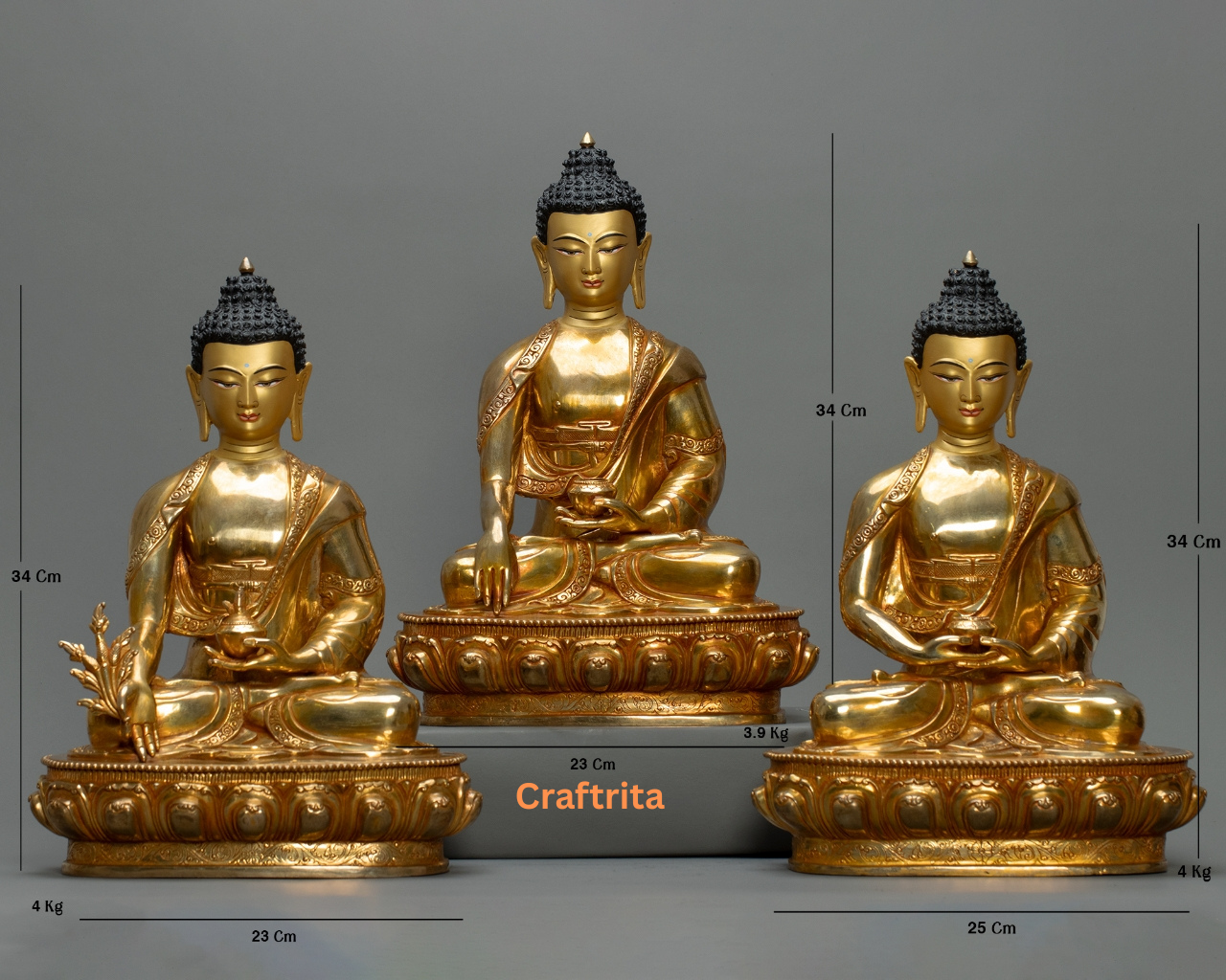Three Buddha Statue Set – Handmade in Nepal | 24K Gold Plated Copper with Fire Gilding | Tibetan Buddhist Art & Altar Decor