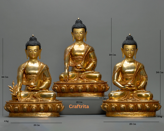 Three Buddha Statue Set – Handmade in Nepal | 24K Gold Plated Copper with Fire Gilding | Tibetan Buddhist Art & Altar Decor