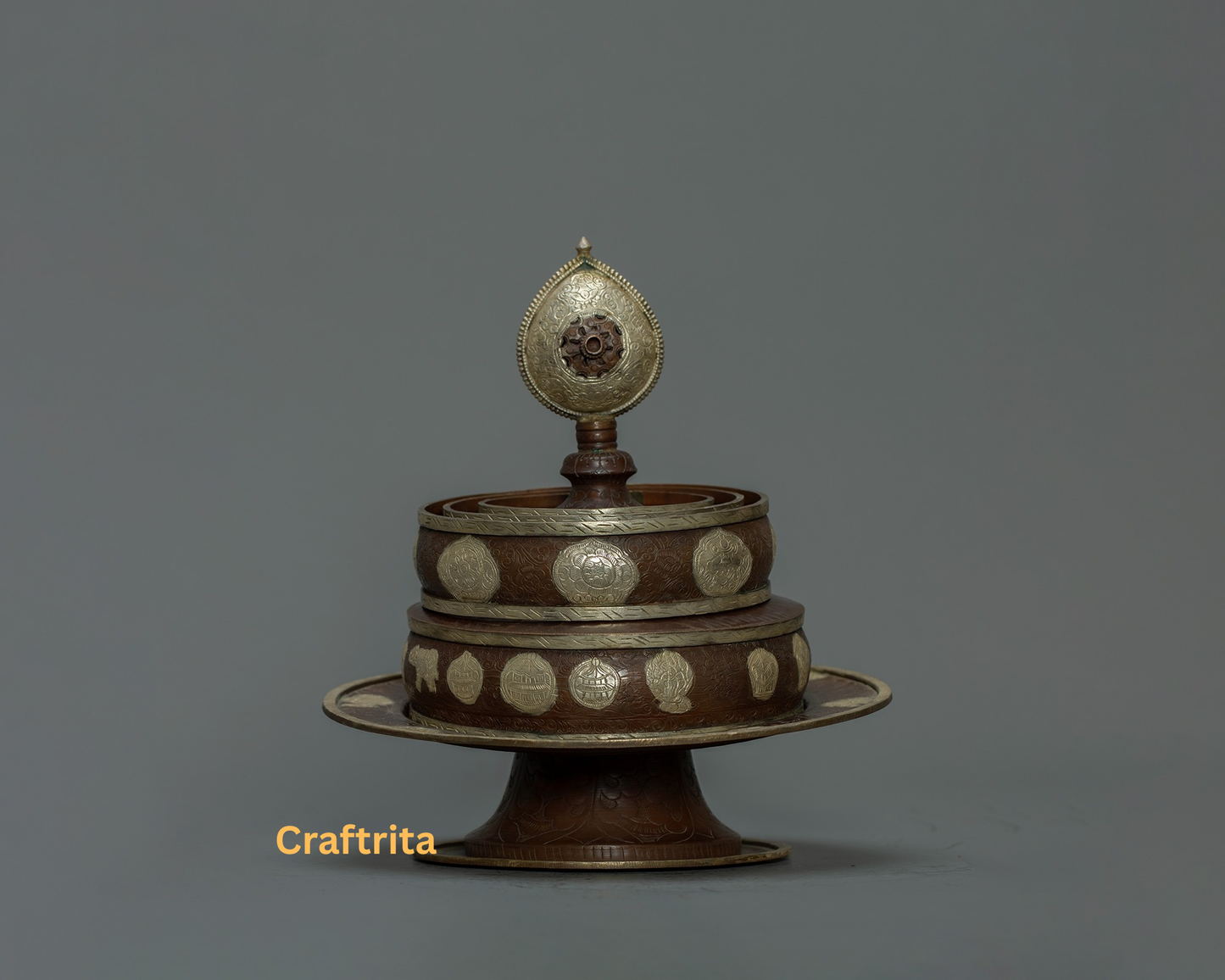 Tibetan Offering Mandala Set  – Handmade Copper & Silver-Plated Ritual Art | Nepalese Spiritual Decor