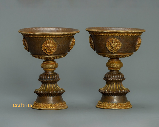 Tibetan Butter Lamp Set– Handmade Copper with 24K Gold Fire Gilding | Buddhist Ritual Altar & Meditation Decor