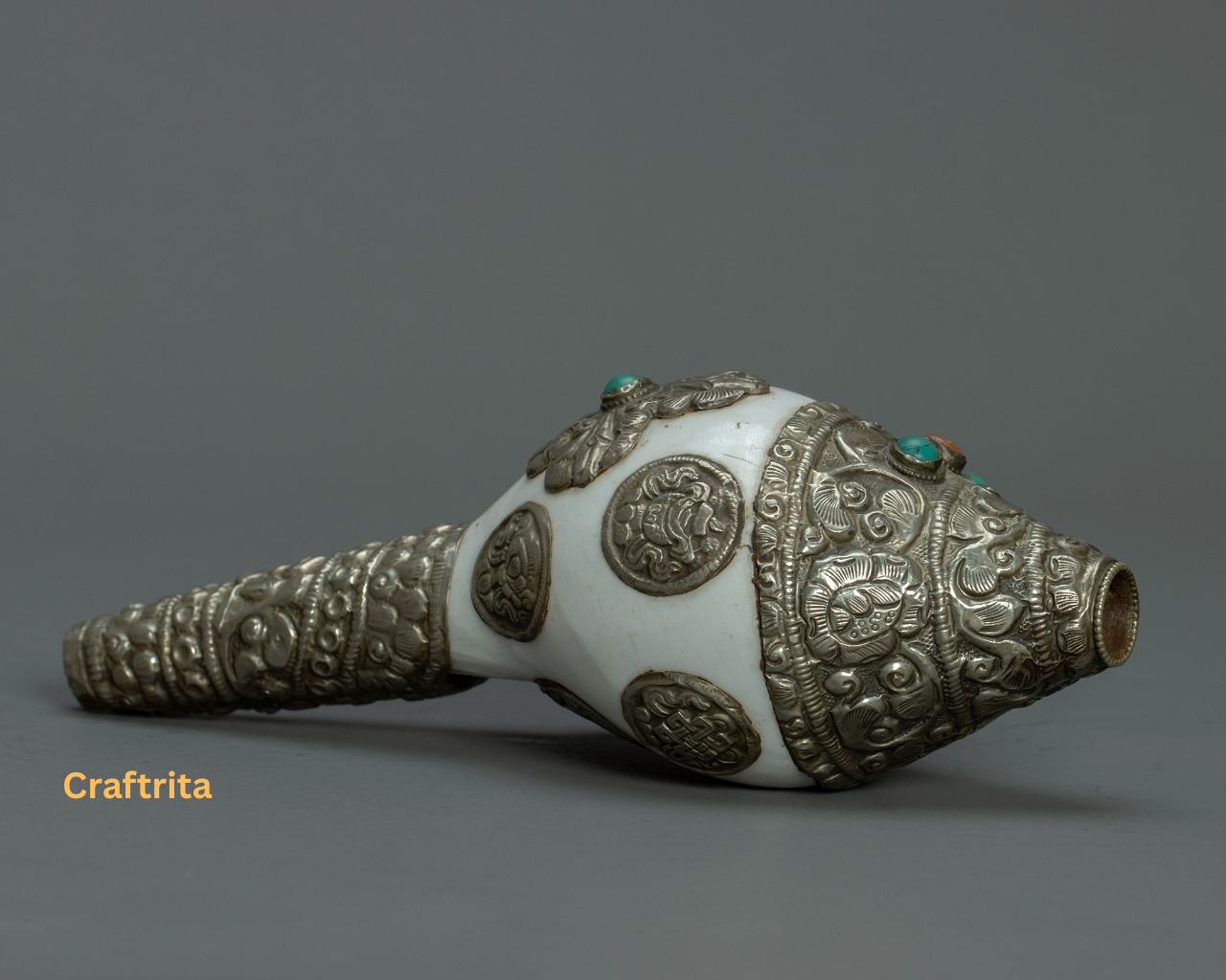 Tibetan Conch Shell  – Handcrafted Silver Ritual Item | Buddhist Temple & Meditation Decor | Made in Nepal