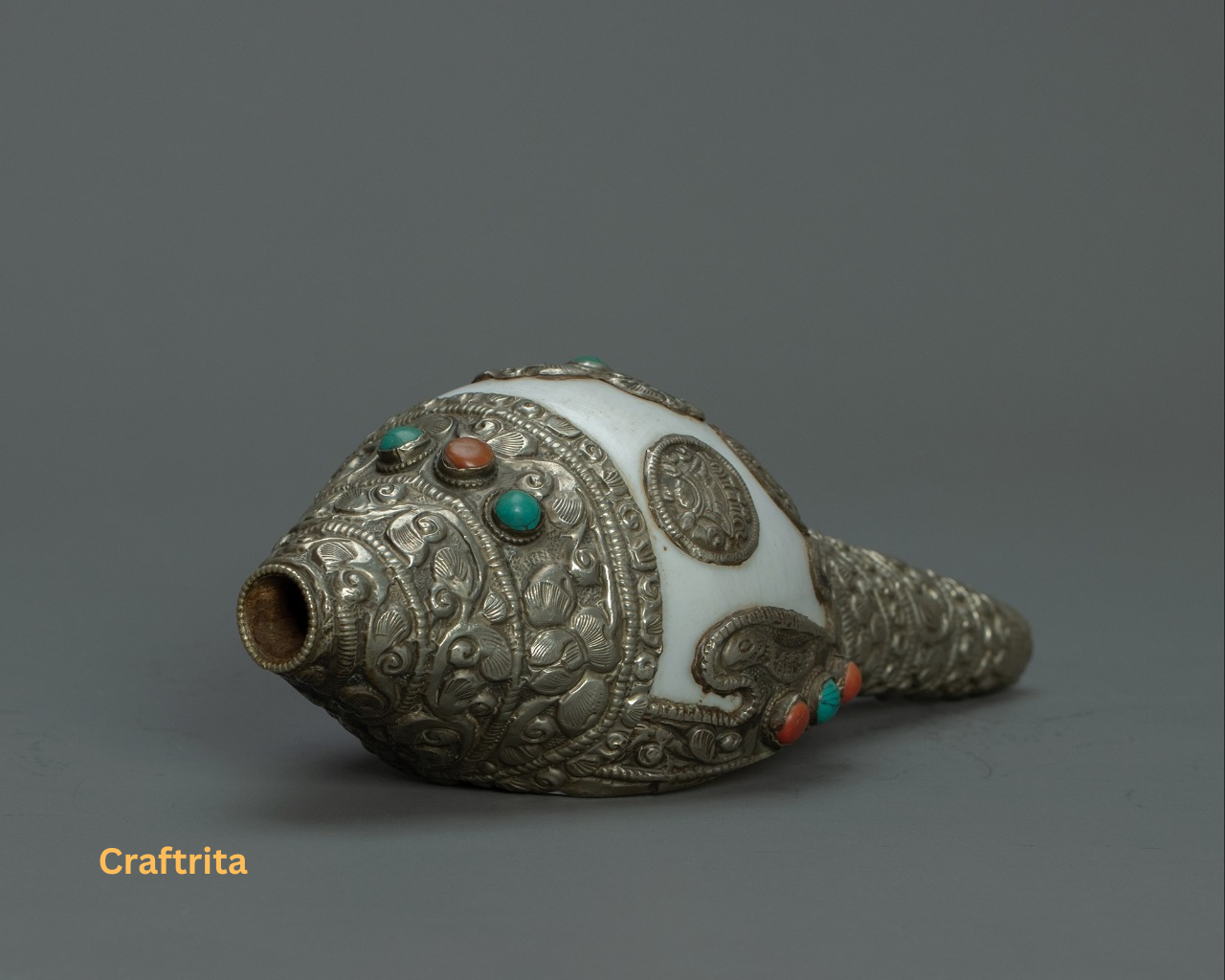 Tibetan Conch Shell  – Handcrafted Silver Ritual Item | Buddhist Temple & Meditation Decor | Made in Nepal
