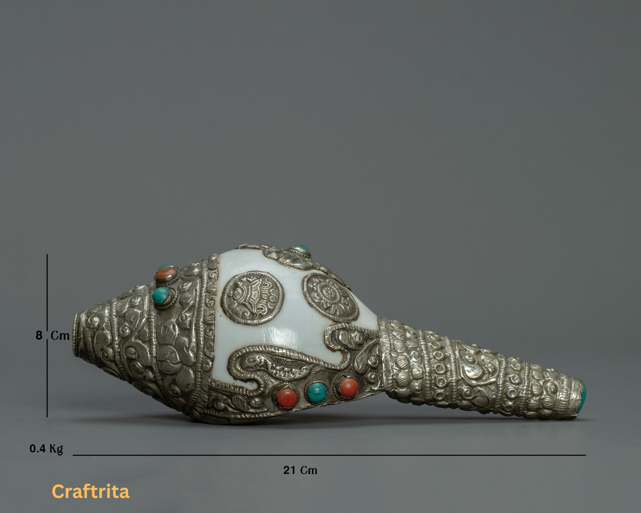 Tibetan Conch Shell  – Handcrafted Silver Ritual Item | Buddhist Temple & Meditation Decor | Made in Nepal