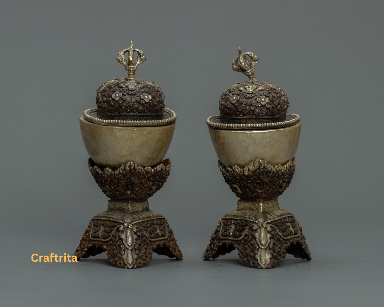 Tibetan Kapala Set – Handcrafted Oxidized Copper with Silver Plating | Buddhist Ritual Skull Cup | Made in Nepal