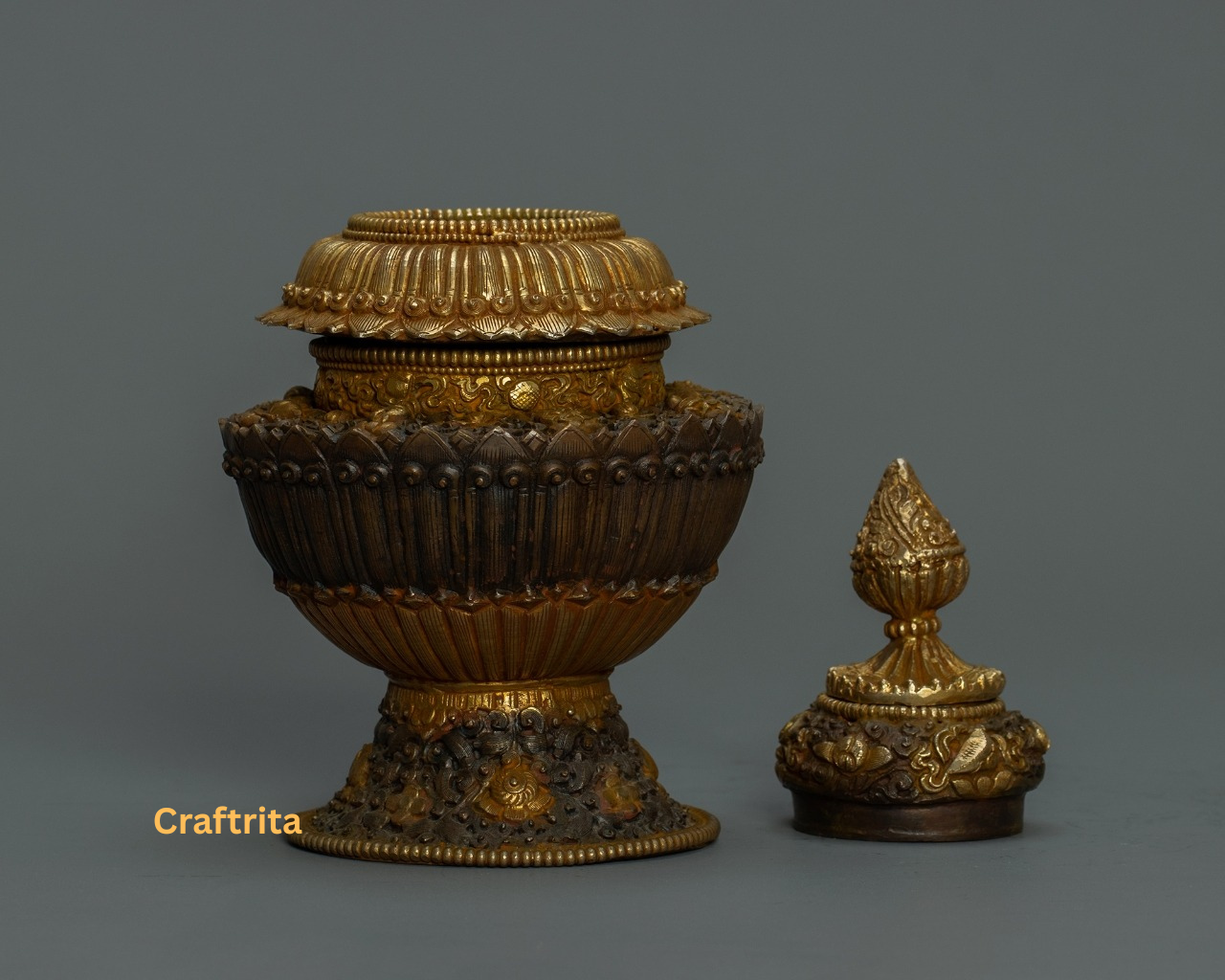 Tibetan Ritual Rice Pot– Handcrafted Copper with 24K Gold Plating | Sacred Altar Decor