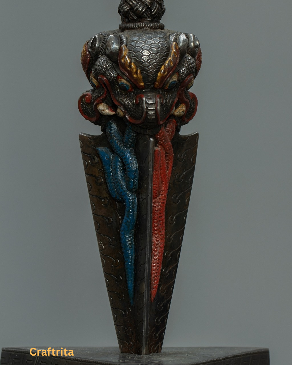 Traditional Tibetan Ritual Phurba – Handmade Iron Dagger with Stand | Buddhist Altar Art