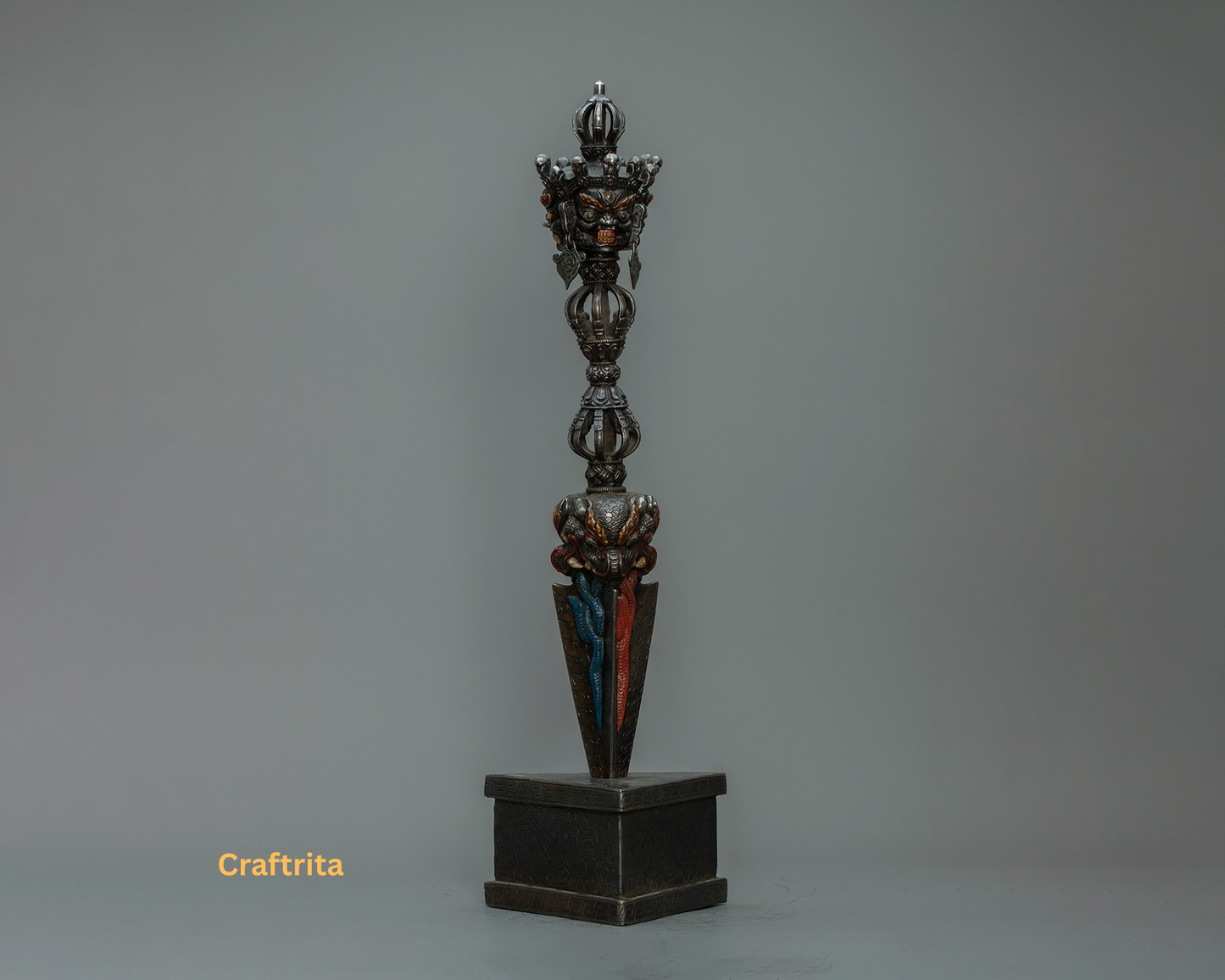 Traditional Tibetan Ritual Phurba – Handmade Iron Dagger with Stand | Buddhist Altar Art