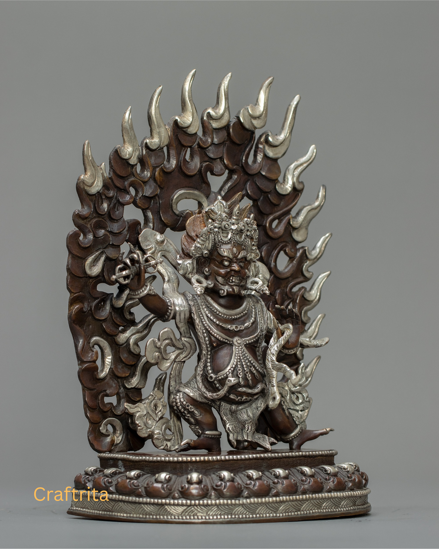 Vajrapani Statue 2.1kg – Copper Body with Oxide & Silver Plating | Handmade Tibetan Buddhist Deity for Spiritual Home Decor