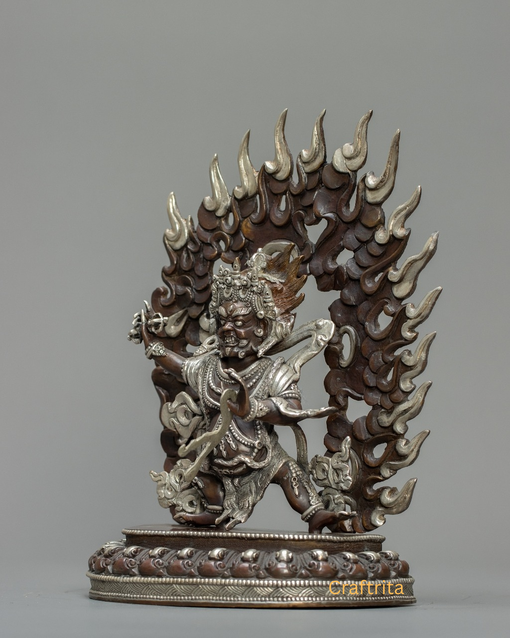 Vajrapani Statue 2.1kg – Copper Body with Oxide & Silver Plating | Handmade Tibetan Buddhist Deity for Spiritual Home Decor