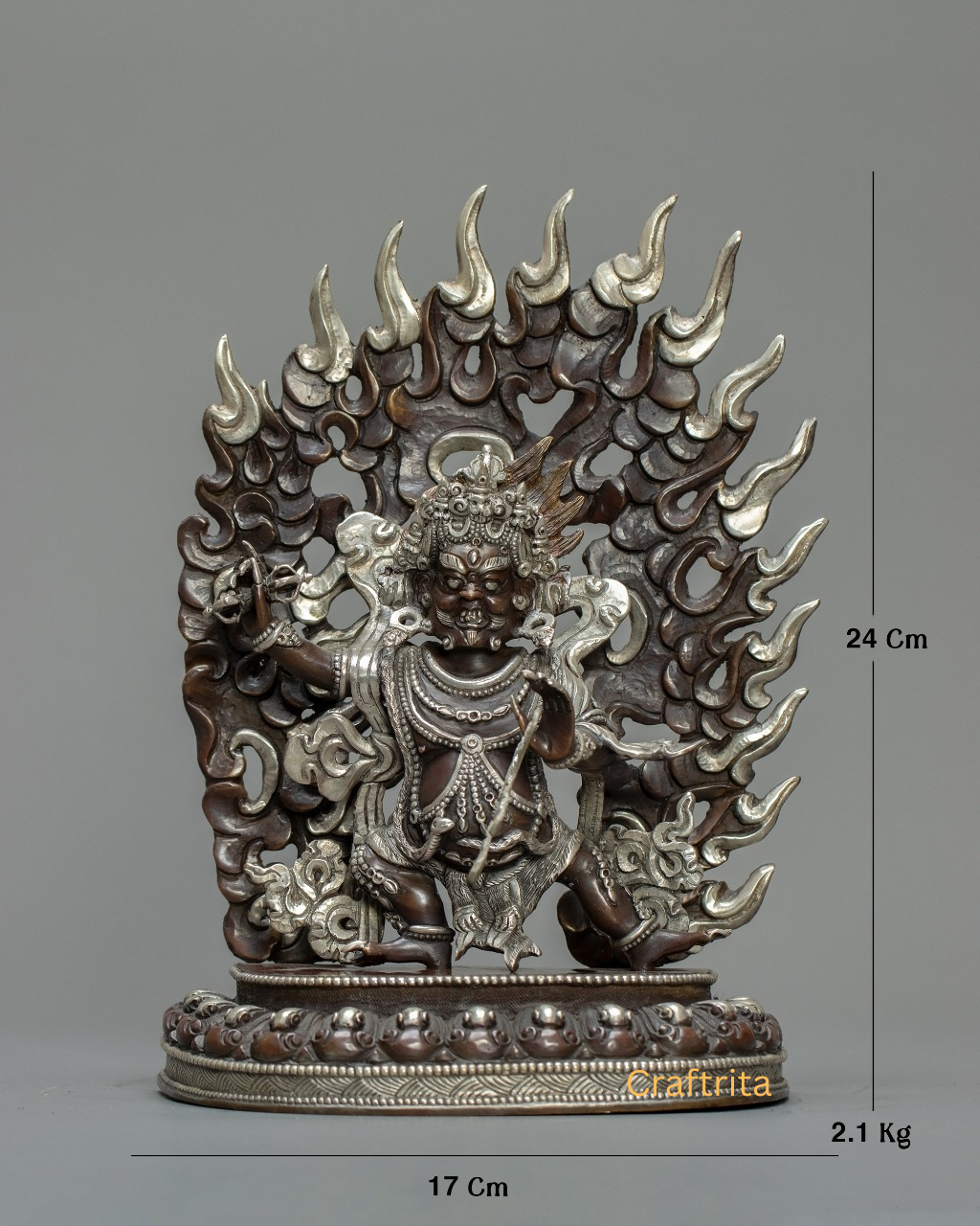 Vajrapani Statue 2.1kg – Copper Body with Oxide & Silver Plating | Handmade Tibetan Buddhist Deity for Spiritual Home Decor