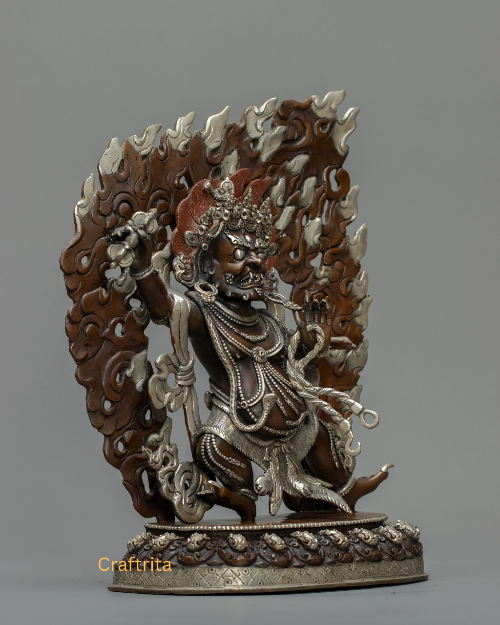 Vajrapani Statue 2.3kg – Copper Body with Oxide & Silver Plating | Handmade Tibetan Buddhist Deity for Spiritual Home Decor