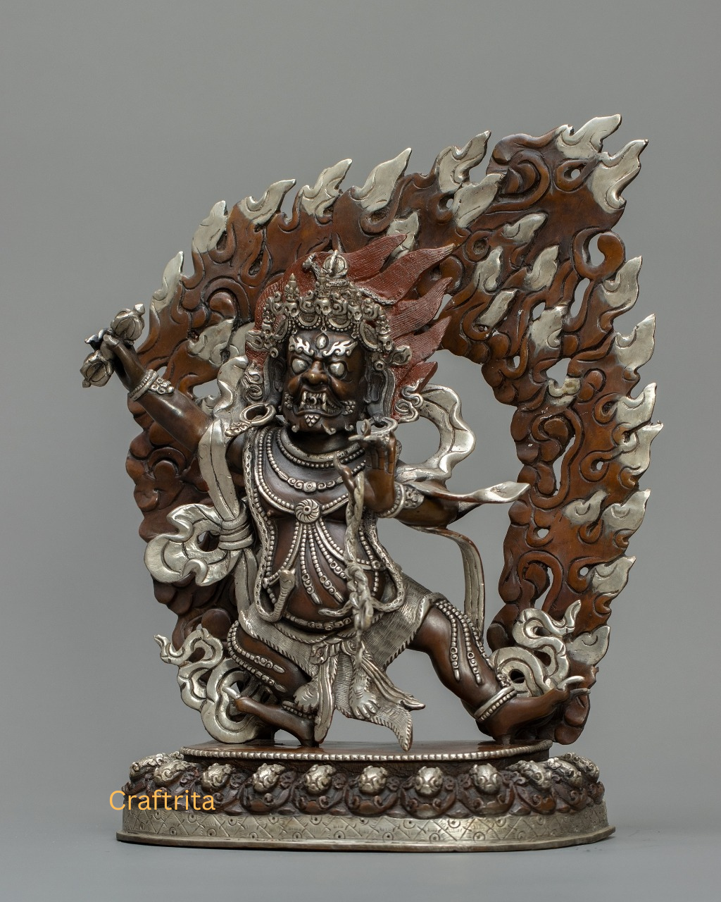 Vajrapani Statue 2.3kg – Copper Body with Oxide & Silver Plating | Handmade Tibetan Buddhist Deity for Spiritual Home Decor