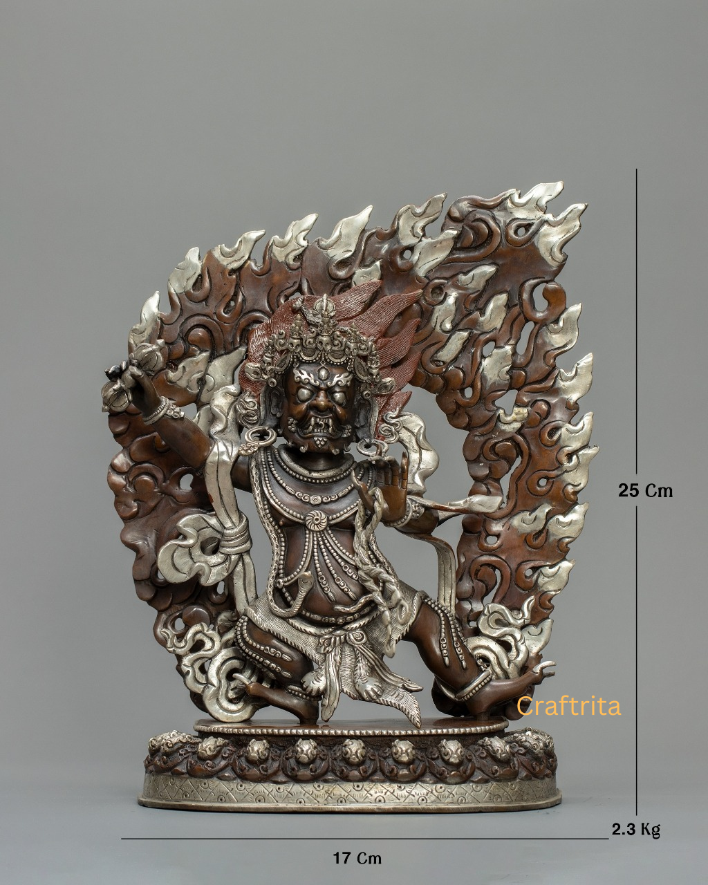 Vajrapani Statue 2.3kg – Copper Body with Oxide & Silver Plating | Handmade Tibetan Buddhist Deity for Spiritual Home Decor
