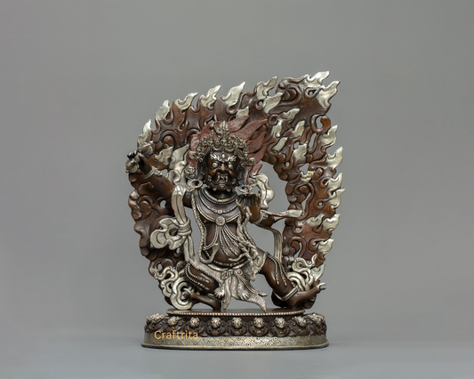 Vajrapani Statue 2.3kg – Copper Body with Oxide & Silver Plating | Handmade Tibetan Buddhist Deity for Spiritual Home Decor