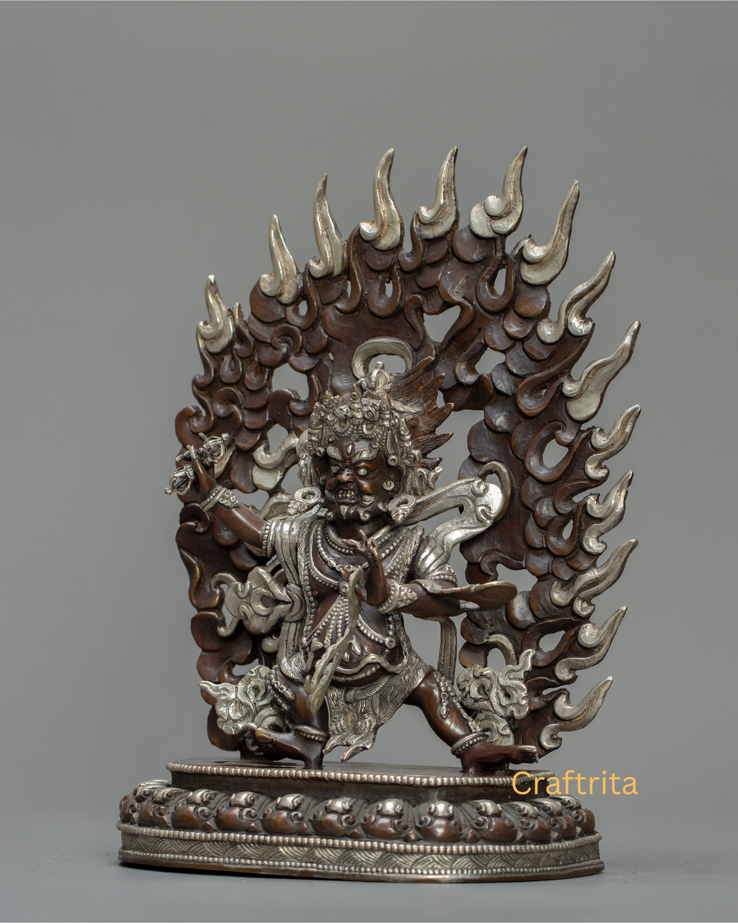 Vajrapani Statue 3.7kg – Oxidized Copper Body with Silver Plating | Handmade Tibetan Buddhist Deity for Spiritual Home Decor