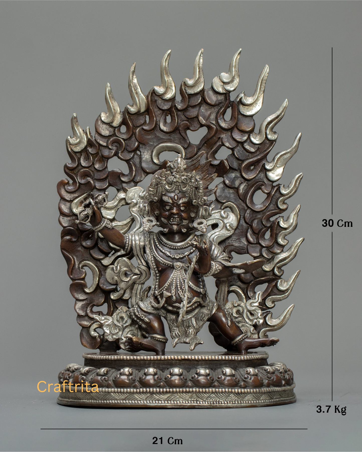 Vajrapani Statue 3.7kg – Oxidized Copper Body with Silver Plating | Handmade Tibetan Buddhist Deity for Spiritual Home Decor