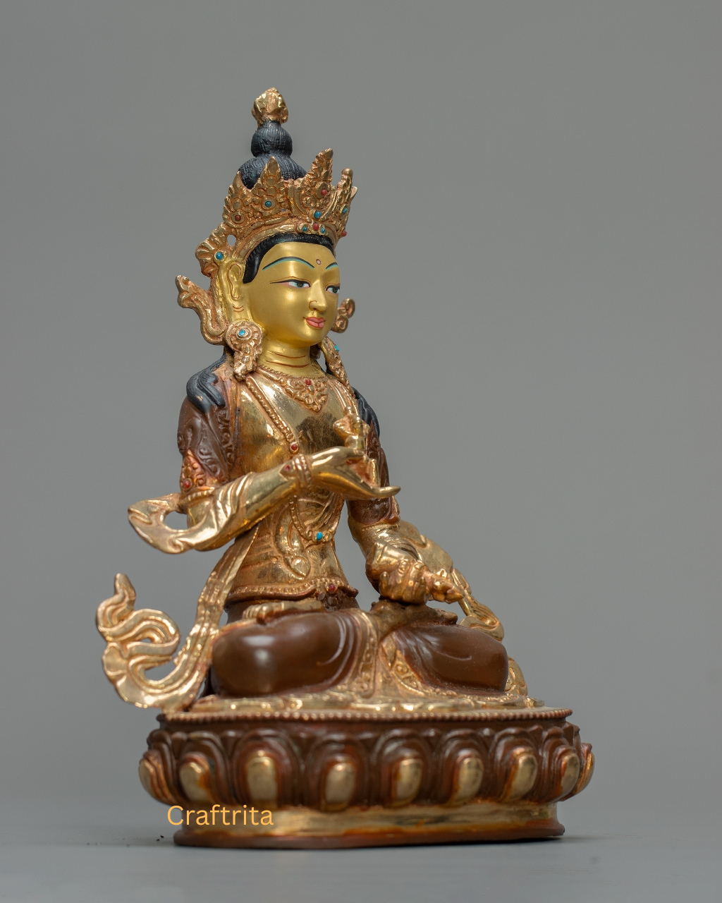 Vajrasattva Statue 1.2kg – Handmade Copper Body with 24K Gold Plating by Fire Gilding & Acrylic Painting | Tibetan Buddhist Deity of Purification & Meditation