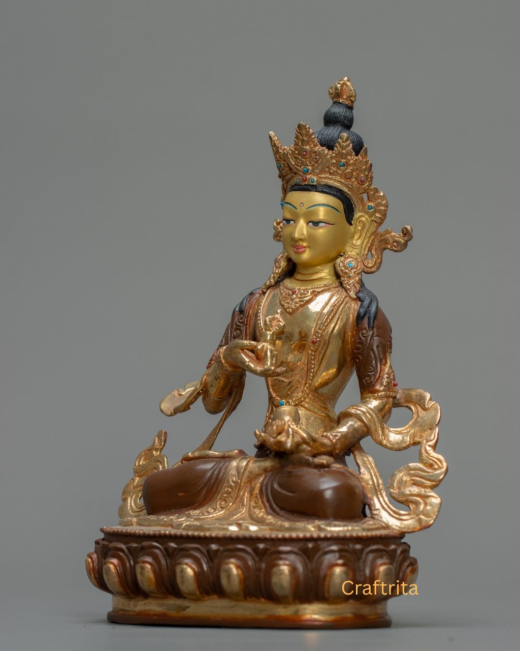 Vajrasattva Statue 1.2kg – Handmade Copper Body with 24K Gold Plating by Fire Gilding & Acrylic Painting | Tibetan Buddhist Deity of Purification & Meditation