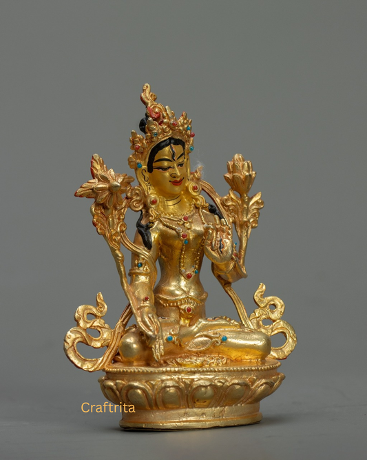 White Tara Statue 0.8kg – Copper Body with 24K Gold Plating by Fire Gilding | Handmade Tibetan Buddhist Goddess of Healing & Longevity