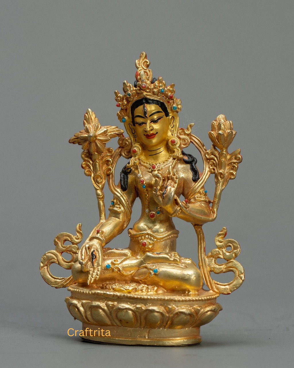 White Tara Statue 0.8kg – Copper Body with 24K Gold Plating by Fire Gilding | Handmade Tibetan Buddhist Goddess of Healing & Longevity