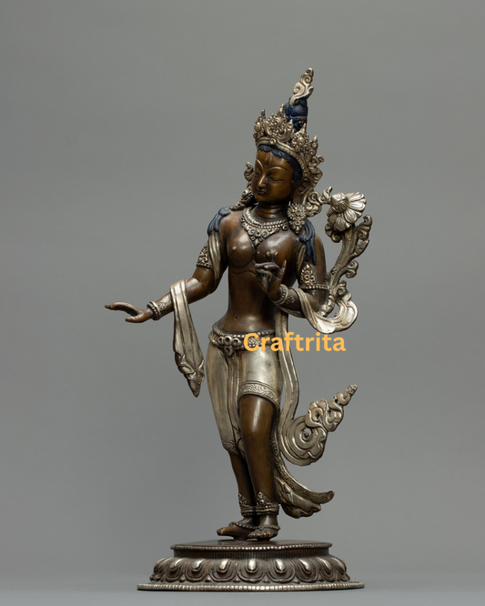 White Tara Statue 2.5kg  – Handcrafted Tibetan Goddess Idol – Oxidized & Silver Finish – Buddhist Meditation & Healing Decor