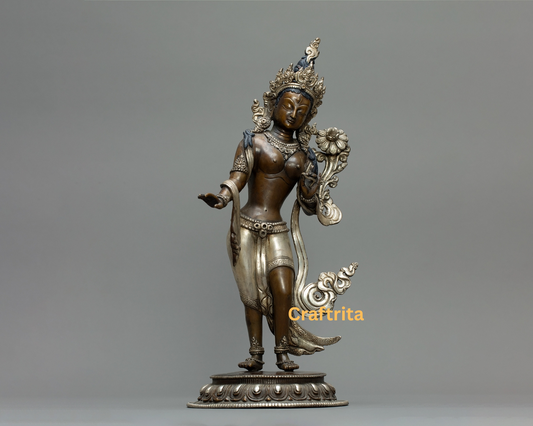 Standing White Tara Statue – Handmade Oxidized Tibetan Buddhist Goddess for Spiritual Decor