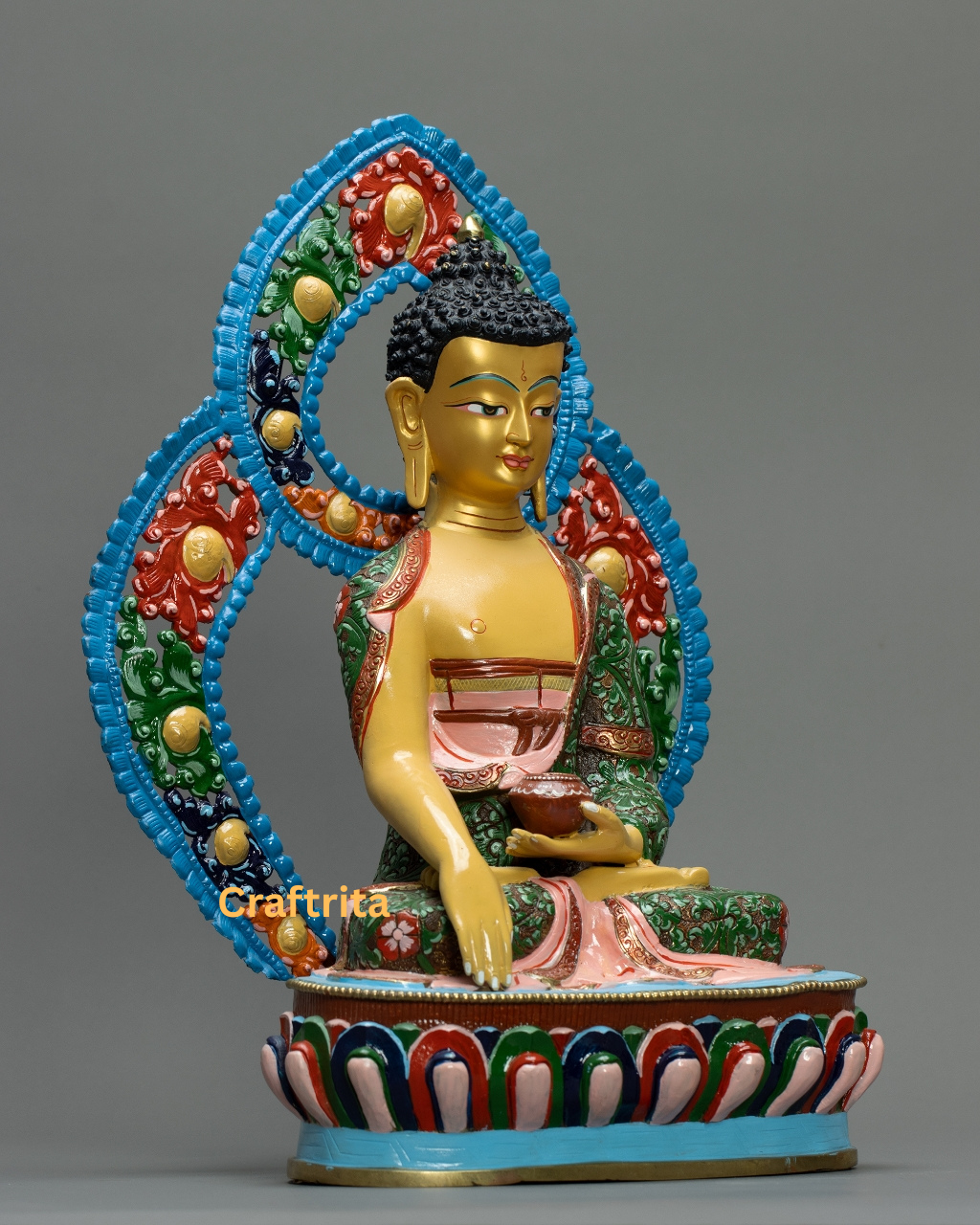 Yellow Shakyamuni Buddha Statue with Throne – Crafted in Nepal – Copper with Gold Gilding & Acrylic Paint – Spiritual Decor & Meditation Altar