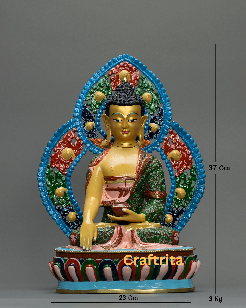 Yellow Shakyamuni Buddha Statue with Throne – Crafted in Nepal – Copper with Gold Gilding & Acrylic Paint – Spiritual Decor & Meditation Altar
