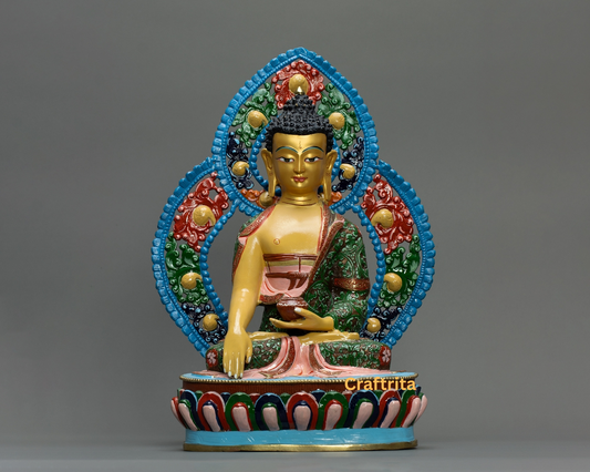 Yellow Shakyamuni Buddha Statue with Throne – Crafted in Nepal – Copper with Gold Gilding & Acrylic Paint – Spiritual Decor & Meditation Altar